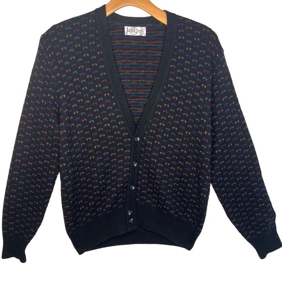 Jantzen Sweaters - Vintage Jantzen Retro Ditsy Black Print V Neck Cardigan Sweater Size L USA Made